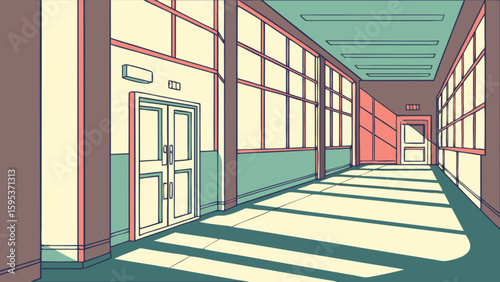 Illustration of a school hallway with windows and doors casting shadows on the floor surface area
