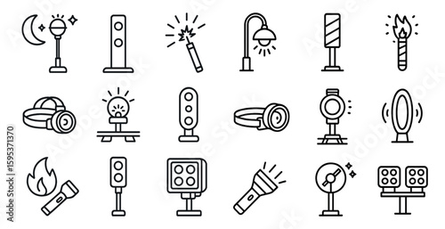 Set of icons for various electronic devices and accessories. The icons include a flashlight, a watch, a cell phone, and a pair of headphones. Scene is that of technology and convenience