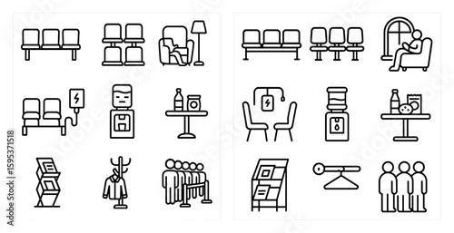 Set of icons for a public space, including chairs, tables, and people. Scene is casual and relaxed, with people sitting and standing around