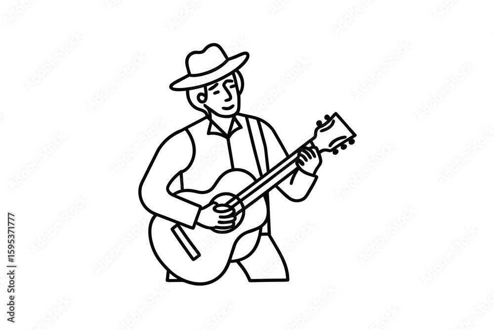 Line art illustration of a musician playing an acoustic guitar wearing a hat and suspenders isolated on a white background perfect for music themed designs Line art illustration of a musician playing an acoustic guitar wearing a hat and suspenders isolated on a white background perfect for music themed designs