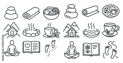 Series of icons for various activities, including yoga, meditation, and reading. The icons are drawn in a simple, minimalist style, with each one representing a different activity or concept