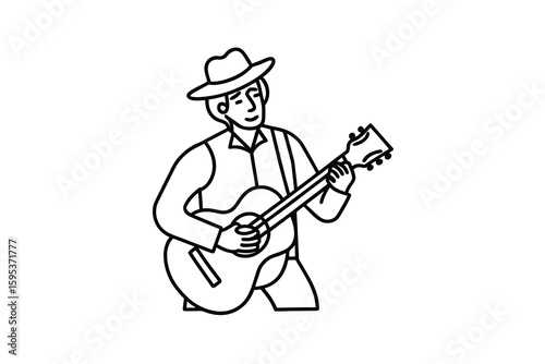 Line art illustration of a musician playing an acoustic guitar wearing a hat and suspenders isolated on a white background perfect for music themed designs