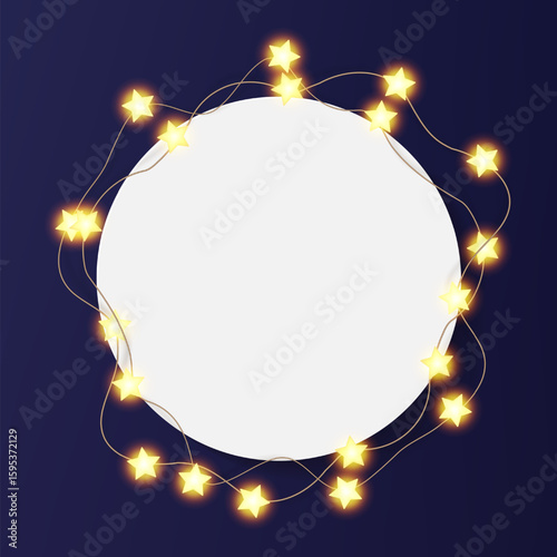 Round white photo frame on light bd. Festive Christmas luxury light bulb, garland shine and glow. Decorated picture mock up, ramadan shine bright star sting. Holiday post template, magic fairy gallery