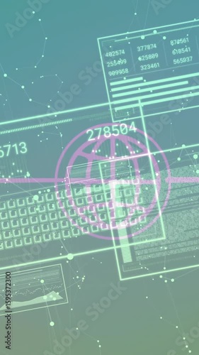 Animation of digital interface with keyboard, smartphone, and data processing elements
