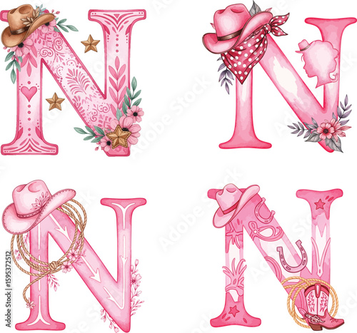 Pink Western Letter N Set - Cowgirl Alphabet with Floral & Cowboy Accents