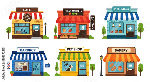 Adobe illustrator vector artwork set of various colorful small businesses and shops, including a cafe, fresh market, pharmacy, barber, pet shop, and bakery. Perfect for local business retail concepts