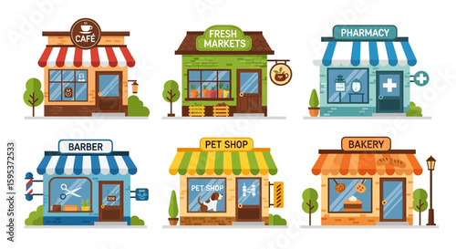 Adobe illustrator vector artwork set of various colorful small businesses and shops, including a cafe, fresh market, pharmacy, barber, pet shop, and bakery. Perfect for local business retail concepts