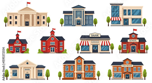 Adobe illustrator vector artwork set of various public and commercial buildings like government, shops, schools, and banks. Perfect for urban infrastructure, education, and city life concepts