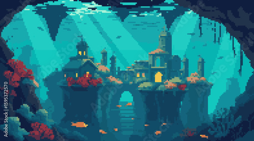 Underwater City Pixel Art Illustration: An Ocean Kingdom's Majesty