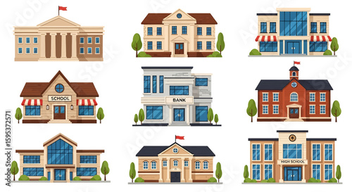 Adobe illustrator vector artwork set of various public and commercial buildings like government, shops, schools, and banks. Perfect for urban infrastructure, education, and city life concepts