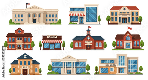 Adobe illustrator vector artwork set of various public and commercial buildings like government, shops, schools, and banks. Perfect for urban infrastructure, education, and city life concepts