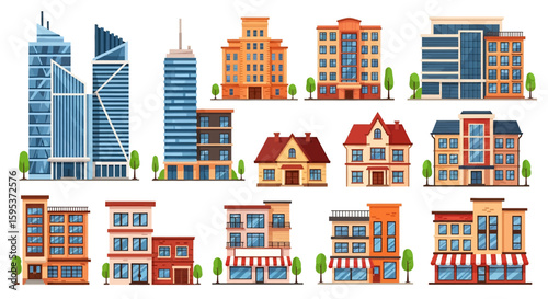 Adobe illustrator vector artwork set of various city buildings, including skyscrapers, residential houses, and storefronts. Perfect for urban landscapes, real estate, and city life concepts