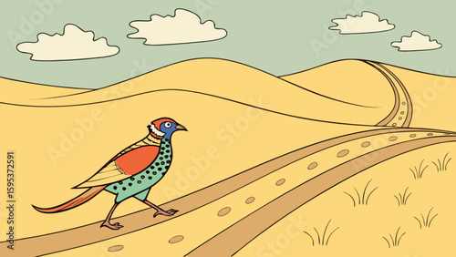 Colorful pheasant walking on a path through a hilly landscape with clouds in the sky above it all