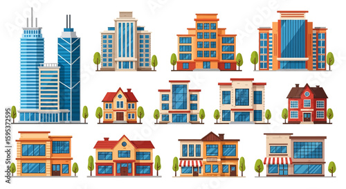 Adobe illustrator vector artwork set of various city buildings, including skyscrapers, residential houses, and storefronts. Perfect for urban landscapes, real estate, and city life concepts