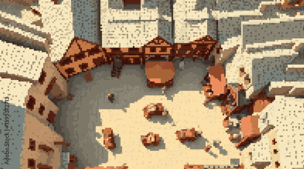 Obraz premium Pixelated Town Square: A Top-Down View of a Bustling City