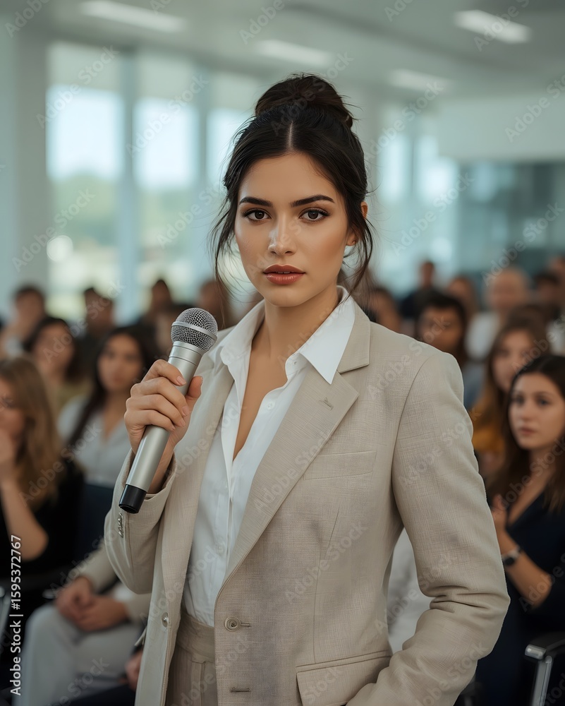 A Latin American businesswoman holding a microphone mid-presentation A Latin American businesswoman holding a microphone mid-presentation