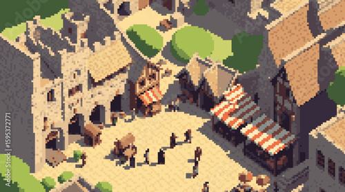 Pixelated Medieval Town Square with Buildings, People, and Market