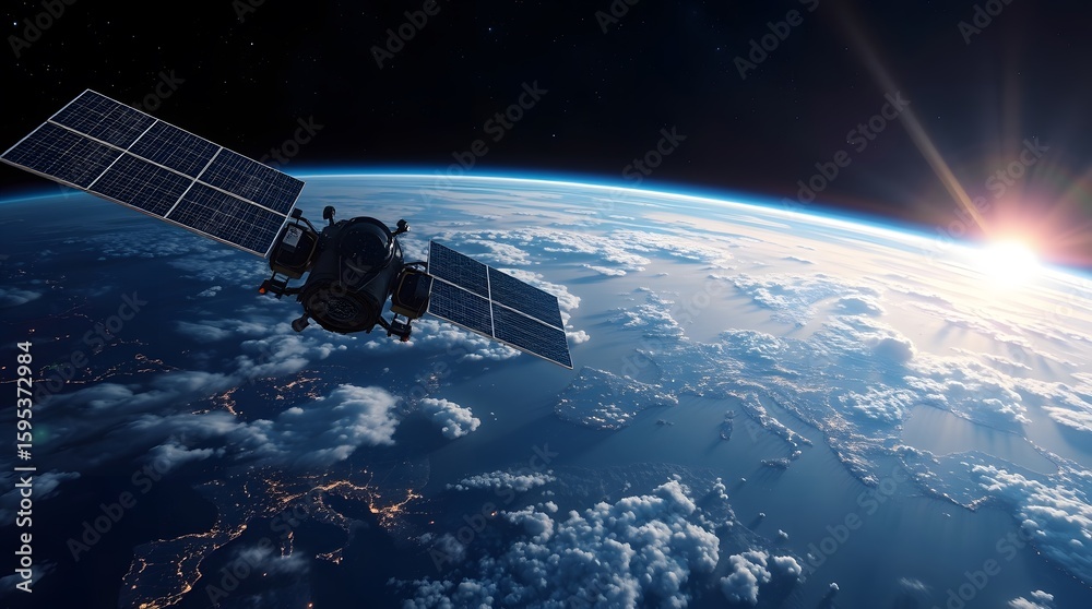 Fototapeta premium A Satellite Orbiting Earth Through The Space Amid Twinkling Stars