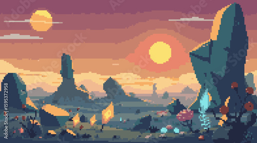 Pixel Art Landscape: Alien World Sunset