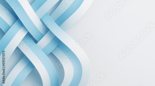 Abstract background with interwoven blue and white ribbons. Clean, modern design with copy space