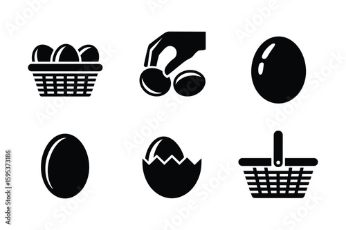 Black silhouette icons of eggs and baskets cracked egg