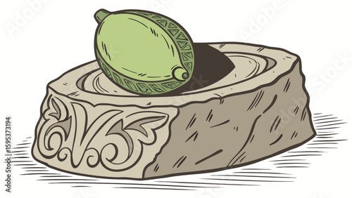 A green fruit resting on an ornate stone pedestal with decorative carvings and a shadow cast behind it