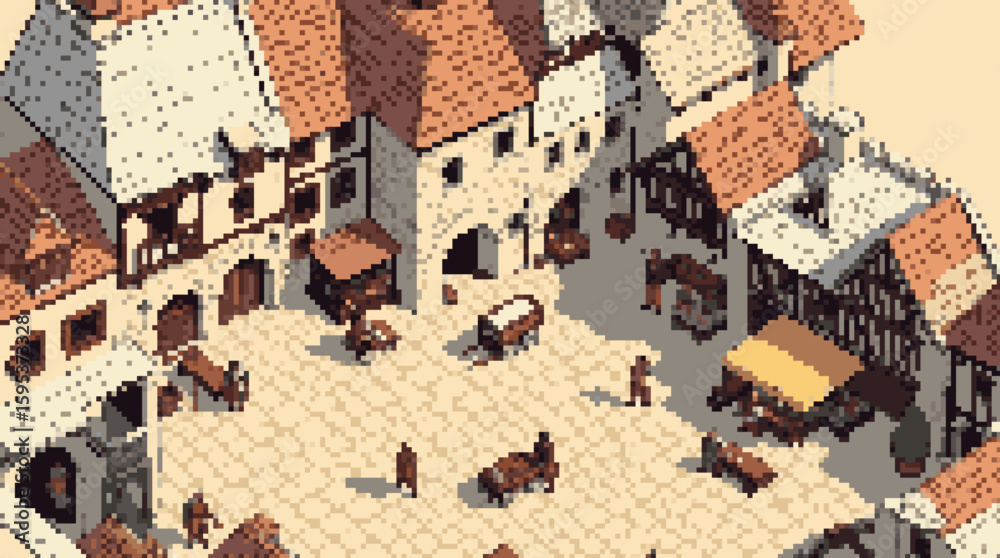 Obraz premium Pixel Art Medieval Town Square: Isometric View
