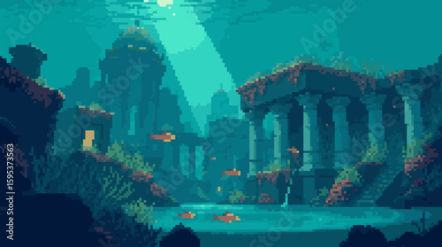 Sunken Ruins of an Ancient City in a Pixelated World