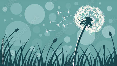 Illustration of a dandelion with seeds blowing in the wind with a teal background and grass 99chars