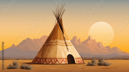 Illustration of Native American Tipi Tent in Desert Landscape at Sunset