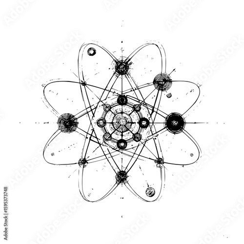 Detailed atom structure with orbiting electrons and central nucleus in black and white sketch style