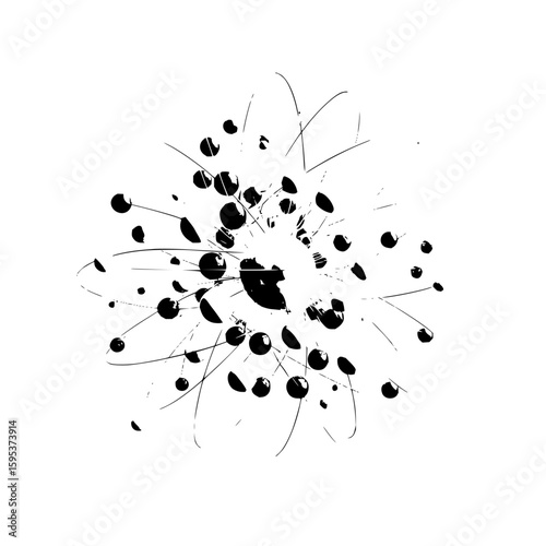 Abstract black and white image featuring a burst of circles and lines emanating from a central point area
