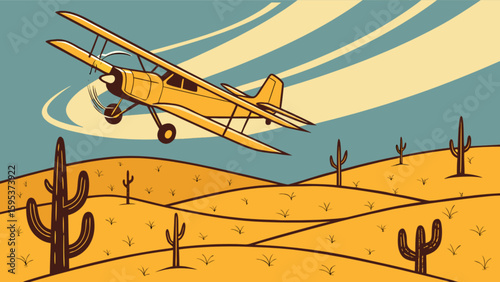 Yellow biplane flying over a desert landscape with cacti and a striped sky illustration style image