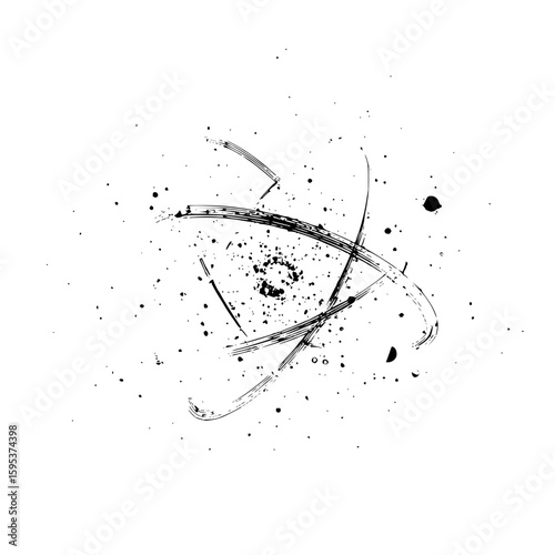 Abstract atom illustration with orbital paths and splattered ink on a white background design element
