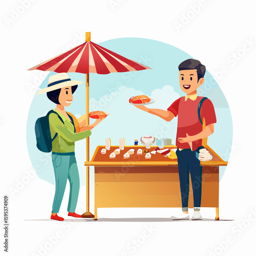 Vendor hands fresh nigiri to tourist in vibrant market, showcasing culinary delight and cultural experience in bustling street atmosphere with colorful umbrella