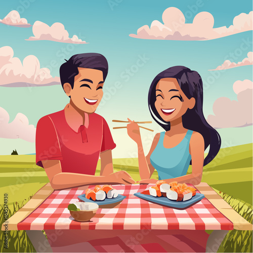 Happy Asian couple enjoying sushi rolls on a picnic tablecloth at a wooden table in a sunny park, surrounded by green grass and blue skies, creating a joyful outdoor dining experience