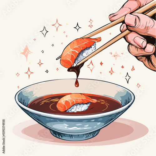 Close-up of hand delicately dipping sushi into soy sauce, showcasing droplets flying and light reflections, capturing the essence of culinary artistry and enjoyment