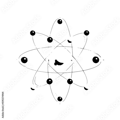 Illustration of an atom with electrons orbiting the nucleus in a stylized black and white design style