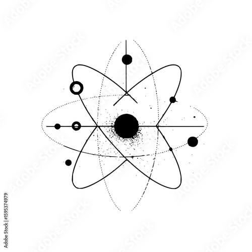 Illustration of an atom with orbits and circles, with a grainy black center on a white background space, art