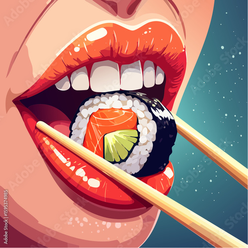 Close-up of vibrant lips gently biting into sushi Maki held by chopsticks, showcasing the texture of rice, filling, and the art of Japanese cuisine enjoyment
