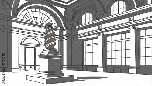Interior view of a grand hall with a spiraled statue and arched windows dominating the space design