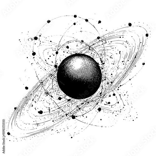 Stylized black and white illustration of a sphere with orbiting elements and abstract textures around it