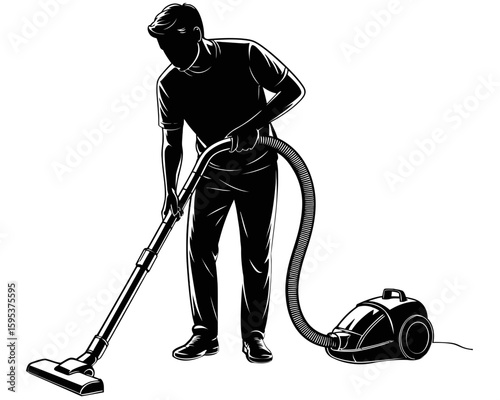 Silhouette man vacuuming floor