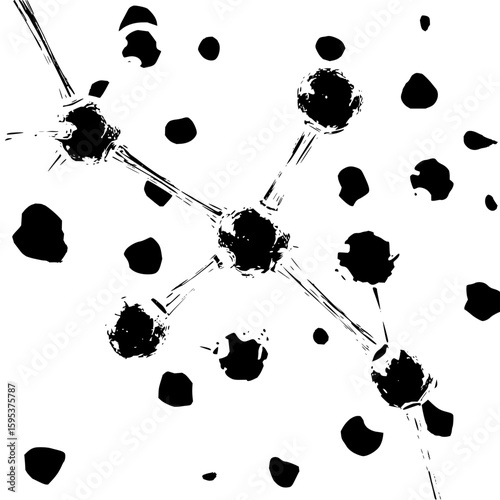 Abstract representation of a molecule with connected spheres and scattered amorphous black shapes around it