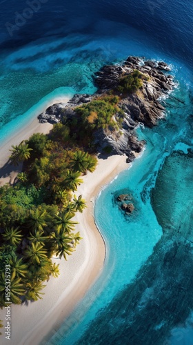 Un île paradisiaque avec plages de sable blanc, palmiers, eau cristalline, vue de drone, concept de voyage et de vacances merveilleuses.