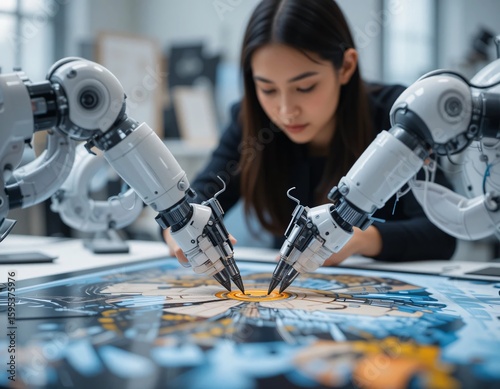 Asian woman overseeing robotic arms drawing intricate design on a large flat surface in a bright setting