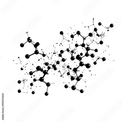 A complex molecular structure with black spheres connected by lines against a white background in monochrome style