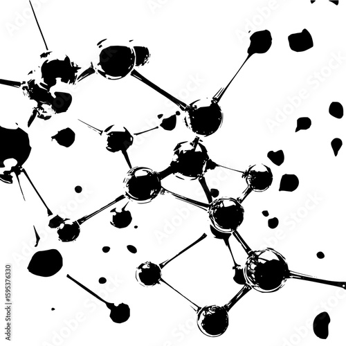 Illustration of a complex molecule structure with interconnected spheres and connecting lines in black and white