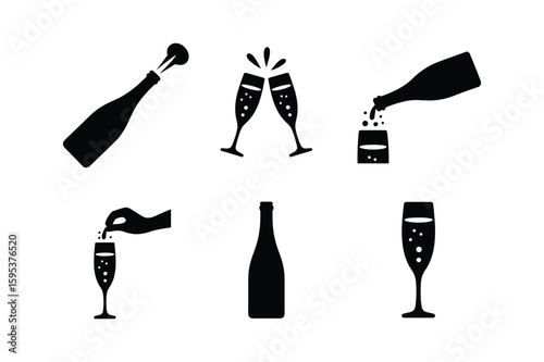 Champagne bottle pouring into glasses and clinking glasses vector
