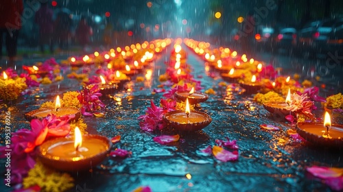 Rainy Night's Illumination: A Serene Path of Candles and Flowers
